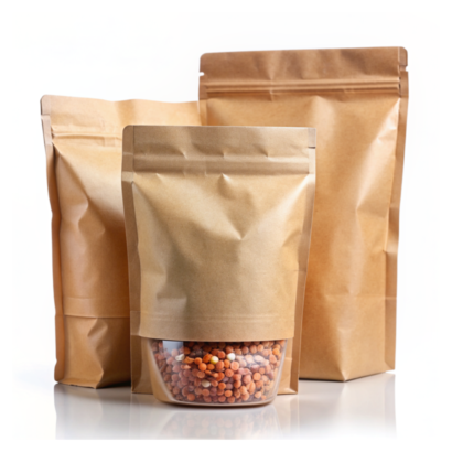 A custom biodegradable kraft coffee ziplock pouch with a resealable closure and natural finish, ideal for storing coffee or other dry products.