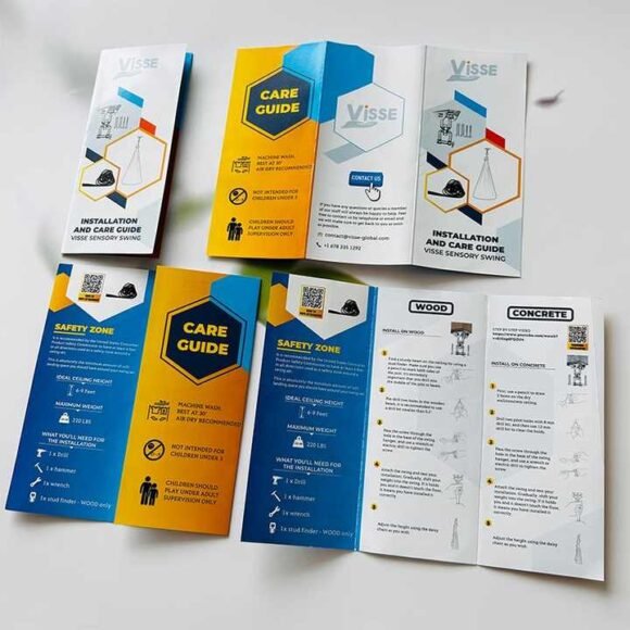 A collection of colorful, custom-designed flyers and brochures featuring installation instructions and care guides, ideal for professional branding and marketing.