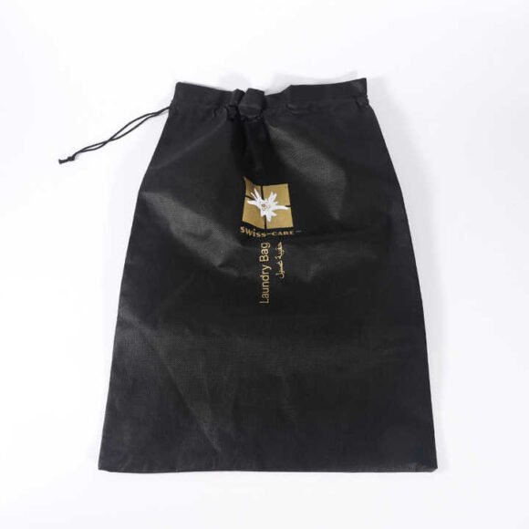 A black non-woven laundry pouch with a 70 GSM fabric and drawstring closure, featuring a custom-printed design, ideal for storing and transporting laundry.