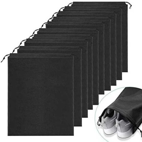 A set of black non-woven shoe pouches with drawstring closures, perfect for keeping shoes clean, organized, and protected during storage or travel.