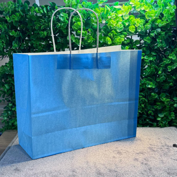 A collection of colorful A5-sized kraft paper bags with twisted handles, displayed on a gray background. Includes bags in white, pink, black, brown, and blue