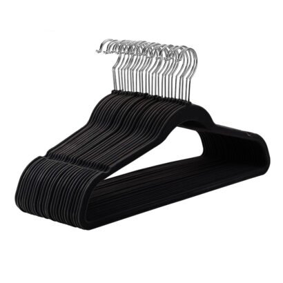 A set of black, non-slip, padded velvet hangers with chrome hooks, designed for secure and stylish clothing storage.