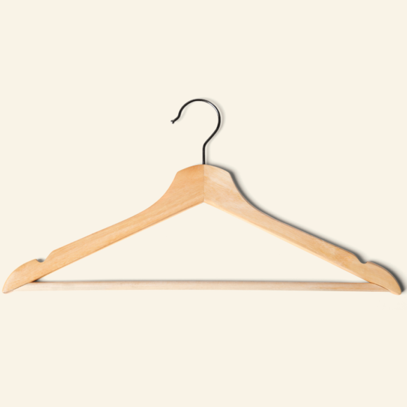 A classic wooden hanger with a natural finish, featuring notches for straps and a horizontal bar for pants or skirts