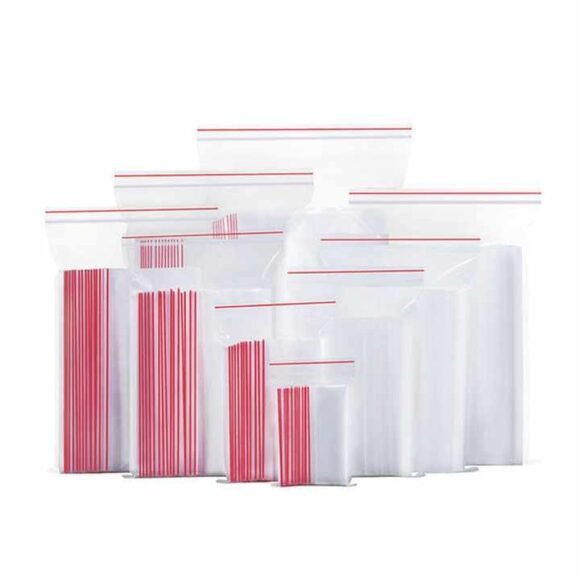 A variety of transparent polythene PE bags with red zippers in multiple sizes, ideal for secure and reusable packaging.